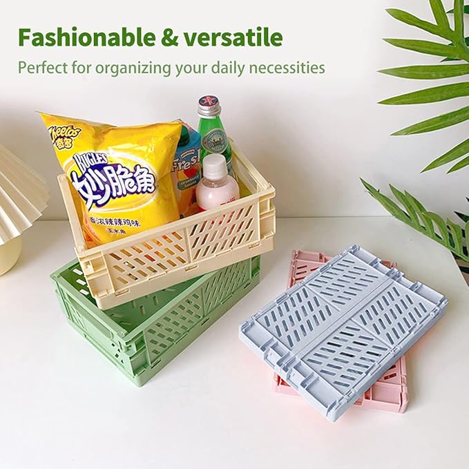 Xhwykzz 4 Pack Pastel Crates for Storage, Plastic Folding Basket, Colorful Small Storage Containers for Bedroom Office Classroom Bathroom Desktop Drawer Organizer Decor (9.8x6.5x3.8inch)