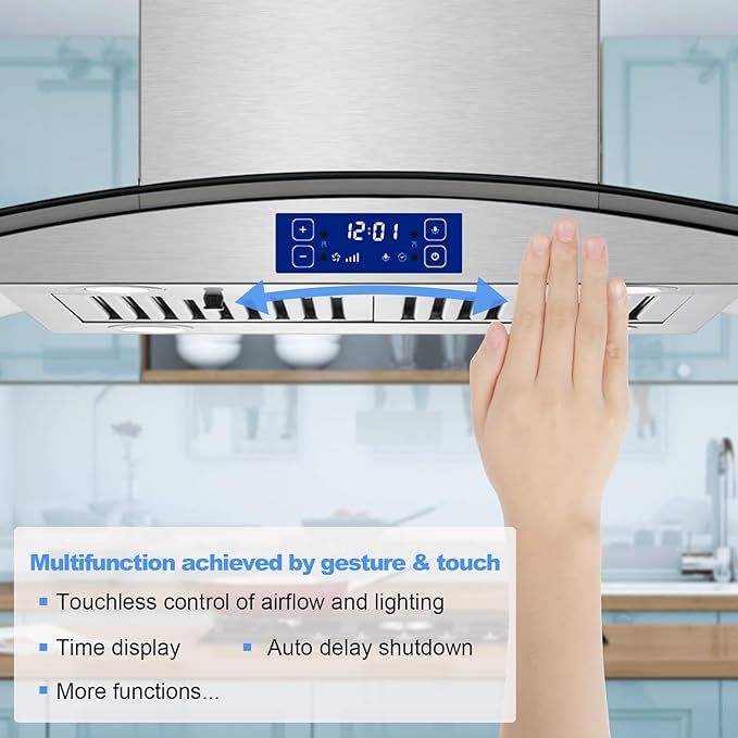 Island Range Hood 30 Inch 700 CFM Gesture & Touch Control Ceiling Mount Stainless Steel Kitchen Vent Hood, Kitchen Exhaust Hood, Ducted/Ductless Convertible 3-speed Ventilation Fan Switchable