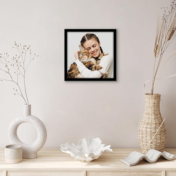 Americanflat 10x10 Picture Frame with Shatter-Resistant Glass - Streamline Collection - Thin Border Square Frame for Tabletop and Wall Display - Hanging Hardware and Easel Stand Included - Black