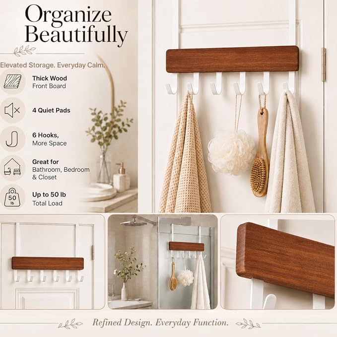 Peasulin Wood & Metal Over the Door Hooks, Sturdy 11IN Over the Door Hook Rack - Image 4