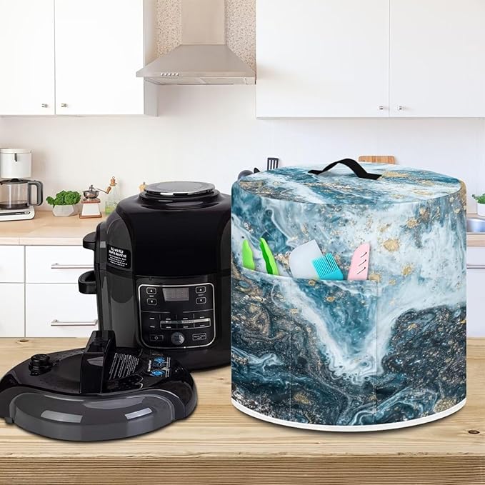 Marble Print Pressure Cooker Cover for 8 Quart Instant Pot and Air Fryer Accessories, Stain Resistant Washable Round Protective Cover Electric Appliance Cover with Front Pocket