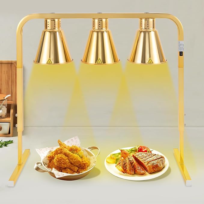 3-Head Food Heat Lamp Warmer Gold, 750W 3*Tungsten Bulb Buffet Display Heating Preservation Light for Buffet, 122℉ Insulation Electric Portable Heating Lamp Adjustable Height(Gold 3-Head)