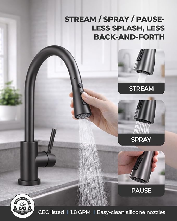 WEWE Pull-Down Kitchen Faucet, 3-Mode Sprayer, Matte Gray, Stainless Steel | - Image 7