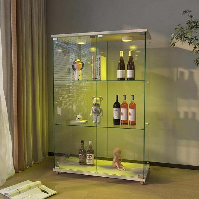 Yoluckea 3-Shelf Glass Display Cabinet with LED Lights, 2-Door Floor Standing Curio Cabinet with Universal Wheel for Home or Office, White Glass Bookshelf for Collections, Decor, and Corner Display