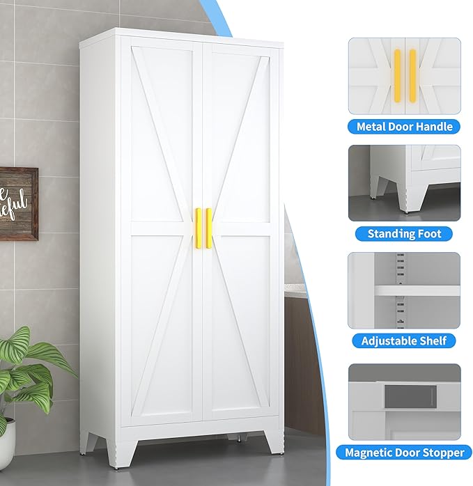 61" Tall Pantry Cabinet, White Metal Pantry Storage Cabinet, Kitchen Pantry Storage Cabinets with 2 Door and 3 Adjustable Shelves (White, 61" Modern)