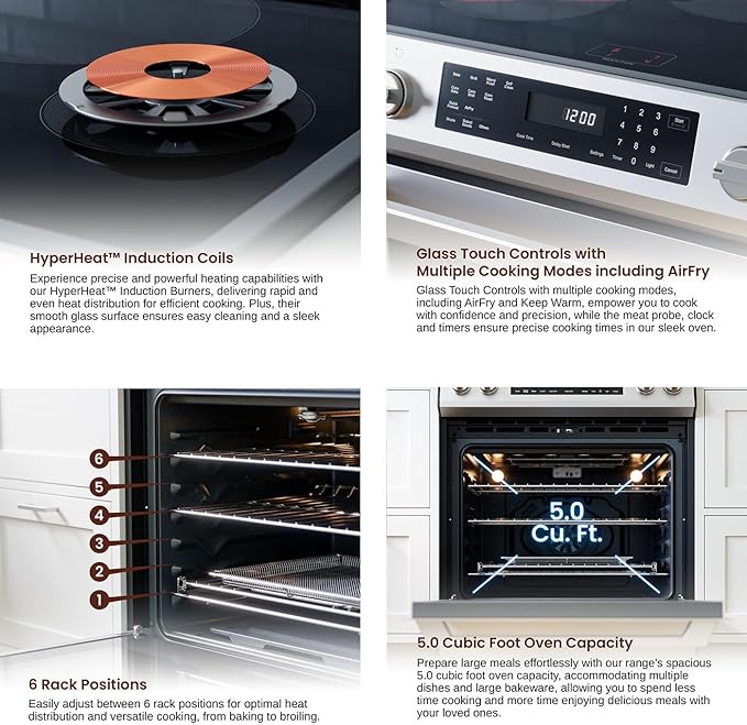 Rangaire RRI303GS 30" Glass Touch Induction Range Oven - Stainless Steel, Induction Burners, True Convection, Self Cleaning, Easy Reach Racks