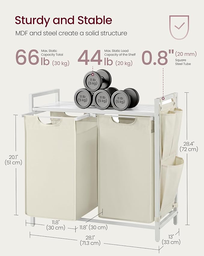 VASAGLE Laundry Hamper with Shelf, 2 Pull-Out Bags, 2 x 12.1 Gallons - Image 6