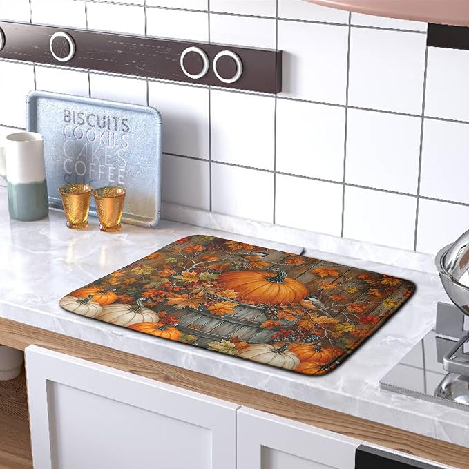Fall Dish Drying Mat for Kitchen Counter 16x18 Autumn Pumpkin Maple Leaves - Image 5