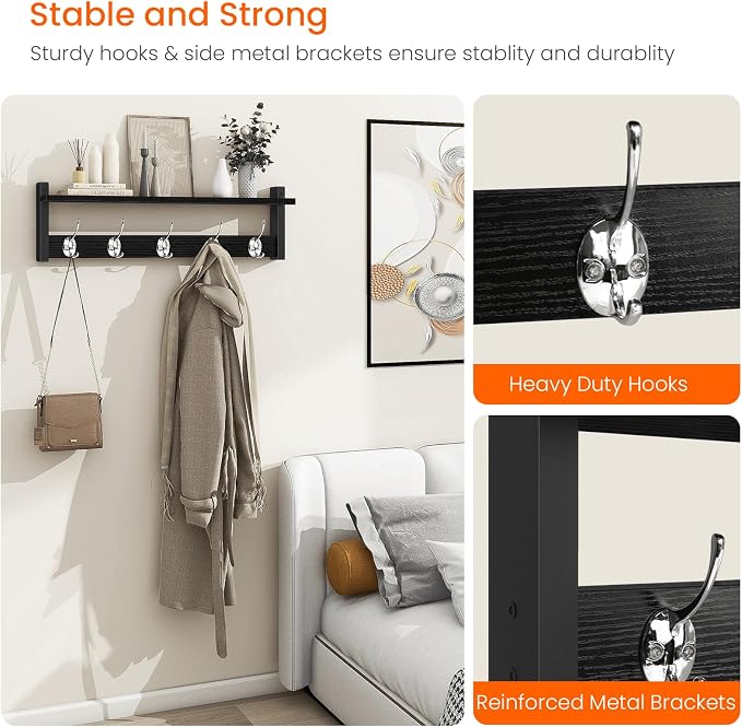 Coat Rack Wall Mount with Shelf, Wooden Coat Hanger - Image 4
