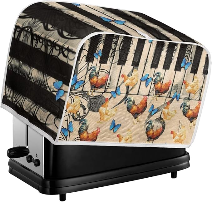 Vintage Rooster Piano Toaster Covers Wide Slot Bread Machine Covers for 2 Slice Toaster Dust Protection Kitchen Decoration