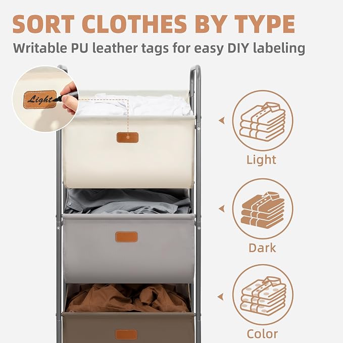 STORAGE MANIAC 120 Liters Vertical Rolling Laundry Hamper, 3 Section Laundry - Image 3