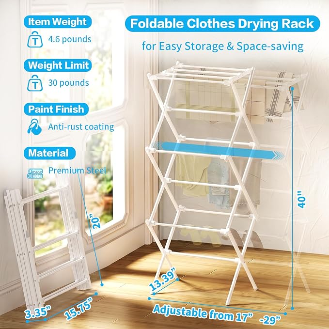 3-Tier Foldable Clothes Drying Rack Adjustable, Laundry Drying Rack Collapsible - Image 2