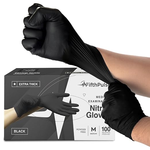 Disposable Black Nitrile Gloves Medium 100 Count by FifthPulse