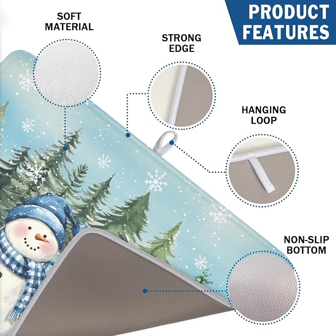 Giwawa Winter Snowman Blue Dish Drying Mat Xmas Truck Dishes Pad 18"x24" - Image 3