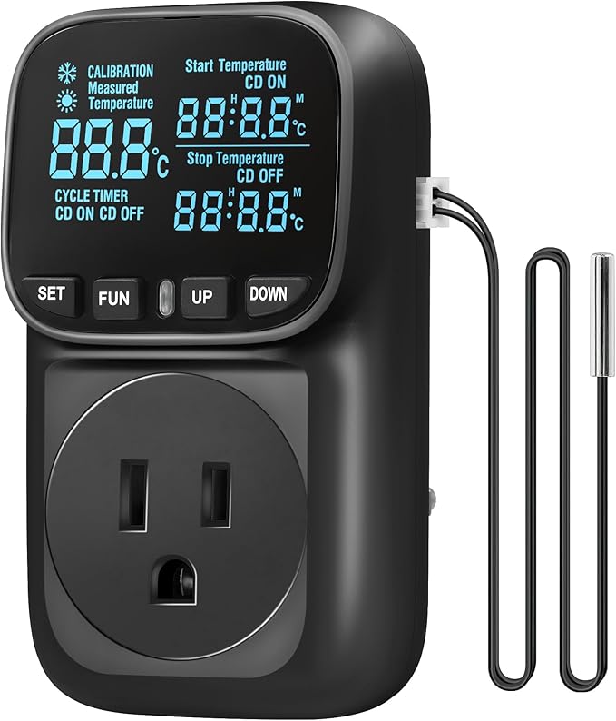Digital Temperature Controller Outlet, 15A/1800W Heavy Duty Thermostat Plug, VA LCD Display, Heating/Cooling Control, -40°F~210°F, 4 Timer Modes, for Greenhouse Incubator Homebrew B01TC06