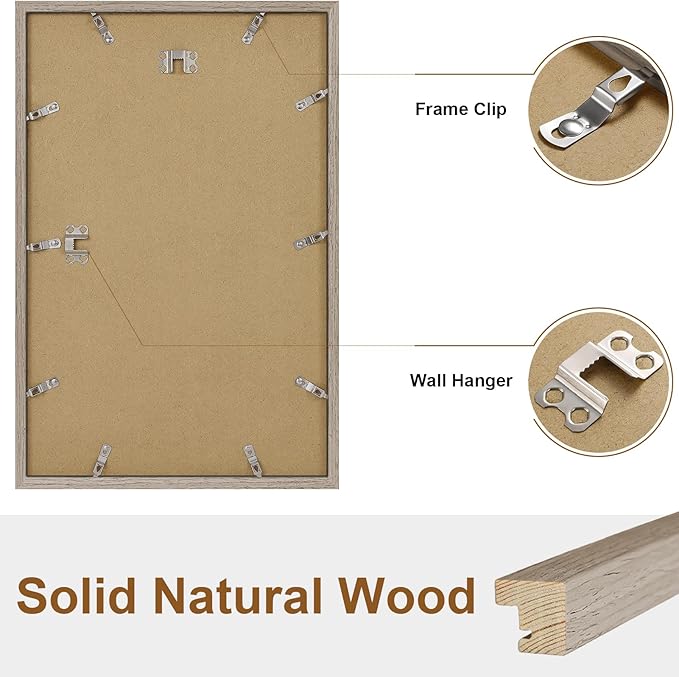 Vittanly 11x17 Picture Frame Set of 2, Solid Wood Frame for Wall Art Photo and Prints, Display Photo 8x12 with Mat or 11x17 without Mat, Light Brown