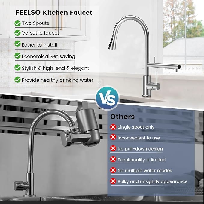 FEELSO Filter Water Kitchen Faucets, Pull Down Sprayer, Brushed Nickel | - Image 5