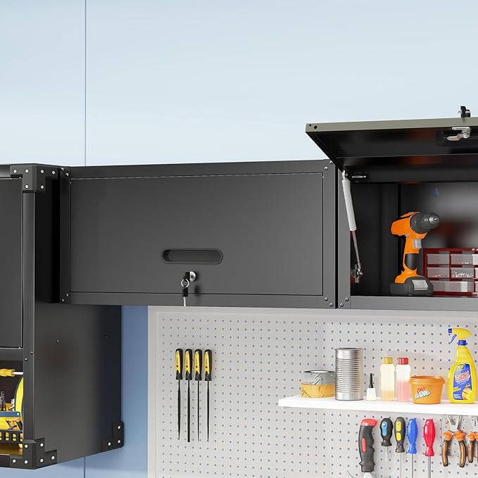 Metal Garage Black Wall Cabinet with Flip UP Door, Lockable Tool Cabinets Garage Cabinet Wall Mounted, Heavy Duty Steel Metal Storage Cabinet for Kitchen Laundry Warehouse, Assembly Required