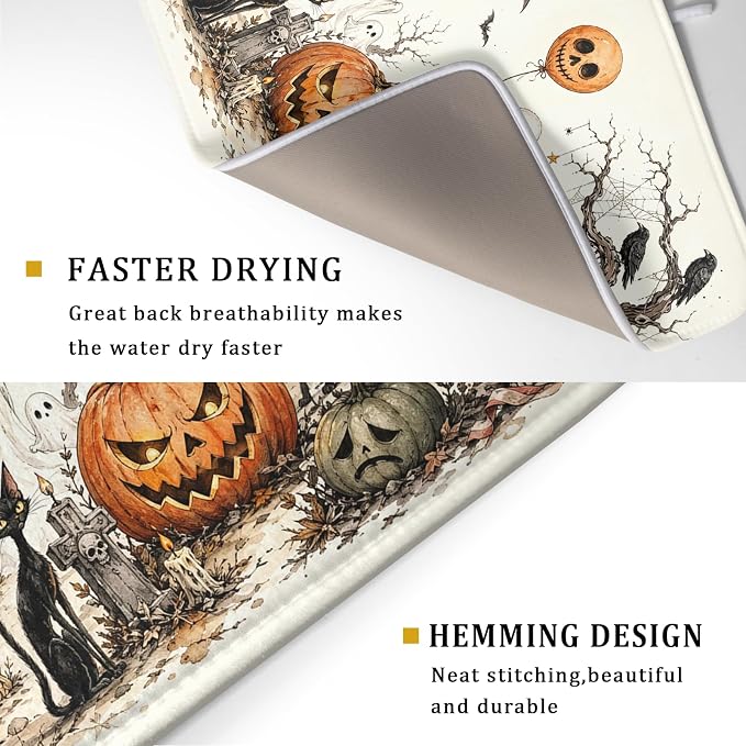 Giwawa Halloween Pumpkin Ghost Dish Drying Mat Black Cat Microfiber Dishes Pad - Image 3