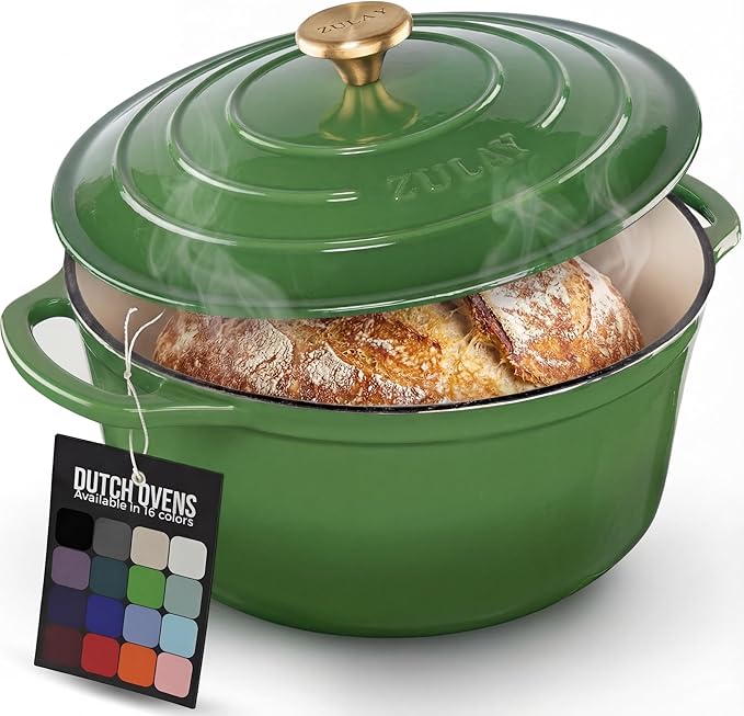Zulay Kitchen 6 Quart Enameled Cast Iron Dutch Oven Pot with Lid – Premium Durability & Oven Safe up to 500°F – Heavy Duty Cookware Perfect for Bread Baking, Stews, Braising & Roasting – Green