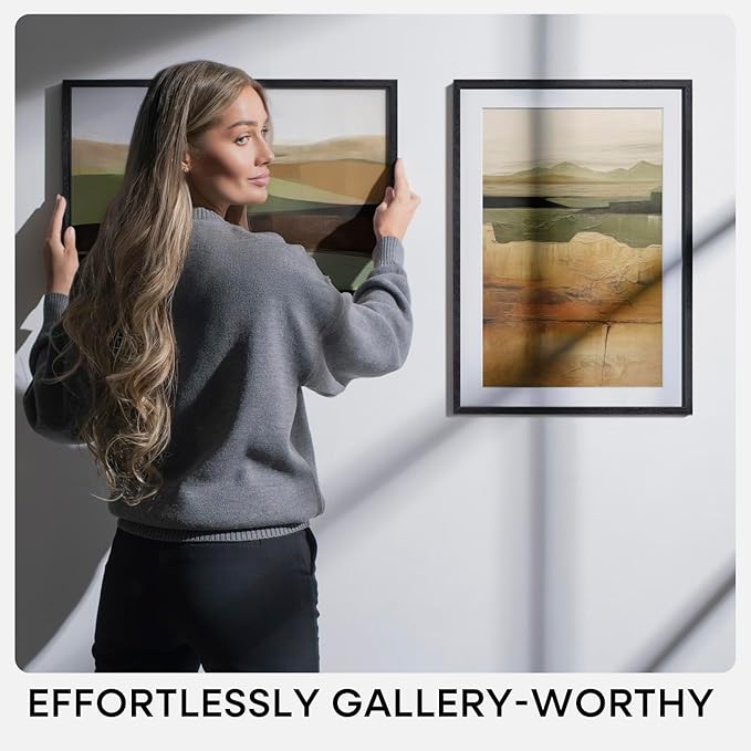 Homeforia 12x16 Black Wood Picture Frame, High End Oak 12x16 Poster Frames with Mat 9x12 Print, 12 x 16 Black Wooden Frame Matted to 9 by 12 Photo, 16x12 Thin Frame, Tempered Glass, Wall Kit, Set of 2