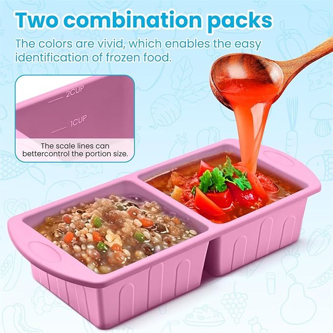 2 Pack Silicone Freezer Trays With Lid For Easy Storage Silicone Soup Freezer Molds 2 Cup ，Perfect For ice cube tray Freezing Broth Sauces Store Leftovers , Leakproof, Easy Release Dishwasher Safe