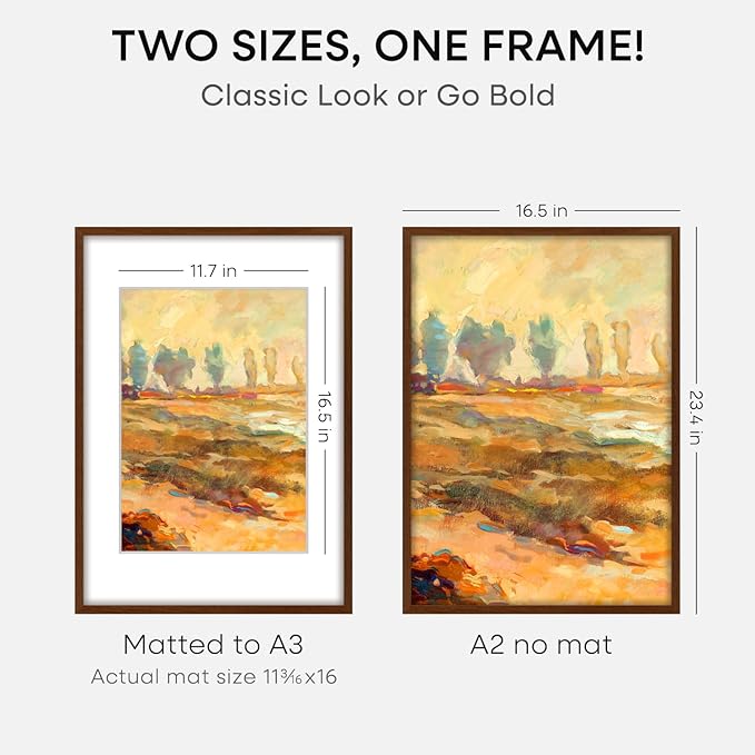Homeforia A2 Picture Frame Brown, High End Dark Oak 16.5 x 23.4 Wooden Poster Frame Matted to 11.7 x 16.5 Photo, A2 Walnut Wood Frame with Mat A3, 16.5 x 23.5 Frame, Tempered Glass, Wall Kit, Set of 2