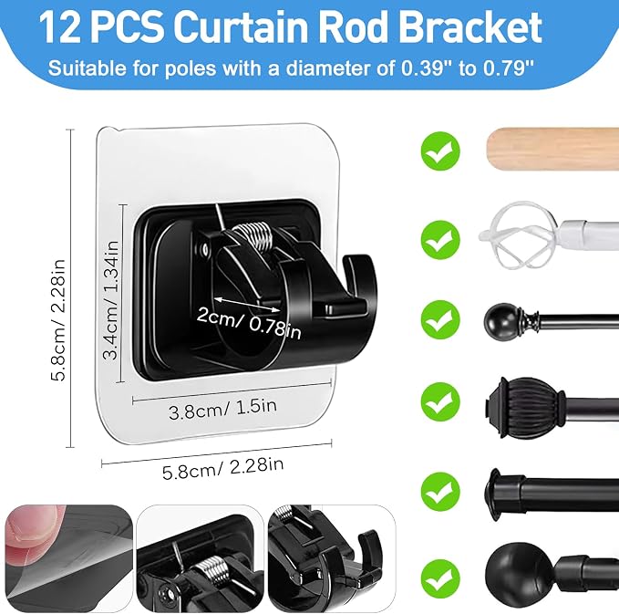 12 Pack Self Adhesive Curtain Rod Holder, No Drill Curtain Rod Brackets - Image 2