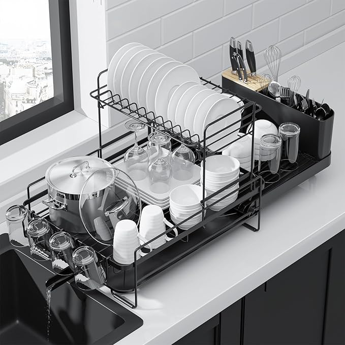 Kitsure Extendable Dish Drying Rack, 19.2"-26.7" L x 12.9" W, 2-Tier | Large by Kitsure