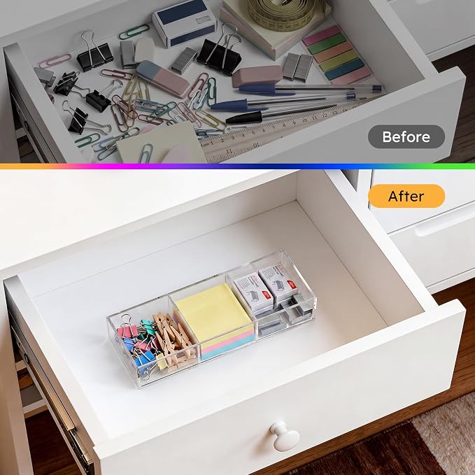 HIIMIEI 3 Section Acrylic Drawer Organizer Tray | Clear Desk Makeup Tray - Image 3