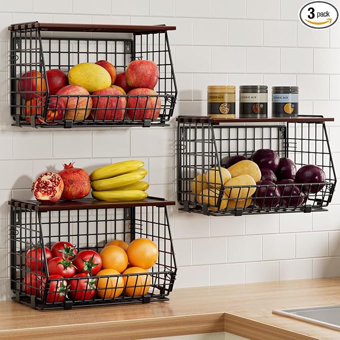 Hanging Fruit Basket for Kitchen, 3 Pack Vegetable Produce Basket by GGIU