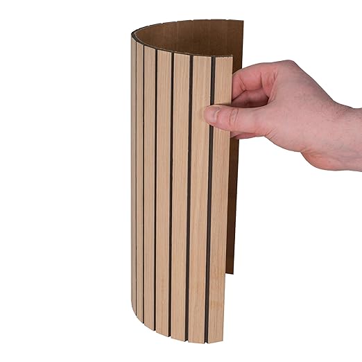 Outwater 4ft Wide x 8ft High x 5/32in Thick Unfinished White Oak Veneer Decorative Wall Tambour Panel with 3/4in 30-Degree Black Groove Slats – Flexible and Customizable for Interior Applications