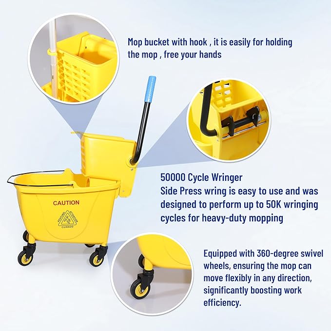 35QT Side-Press Mop Bucket and Wringer Combo on Wheels, Yellow,Including One Heavy Duty Industrial Mop and One Set Large Rubber Cleaning Gloves