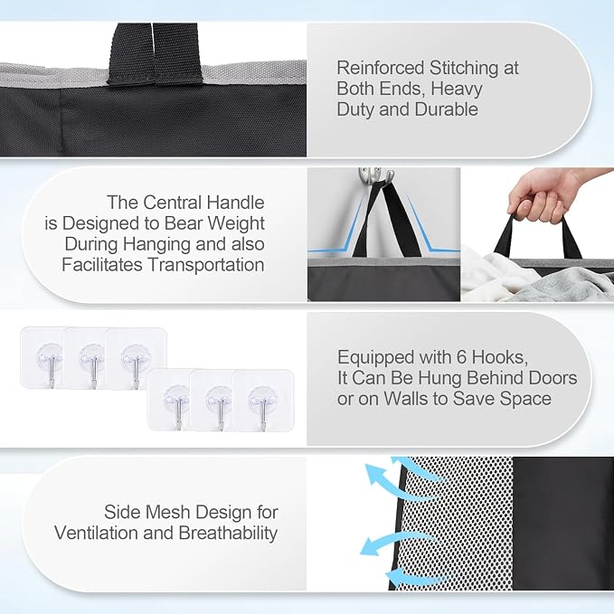 Hanging Laundry Hamper Bag, Extra Large Storage Space, - Image 5