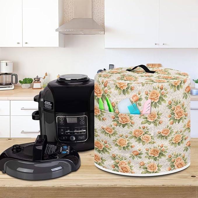 Xoenoiee Peach-colored Roses Print Kitchen Appliance Dust Cover with Pockets, Electric Pressure Cooker Cover Compatible with Crock Pot, Rice Cooker Covers, for 8 Qt