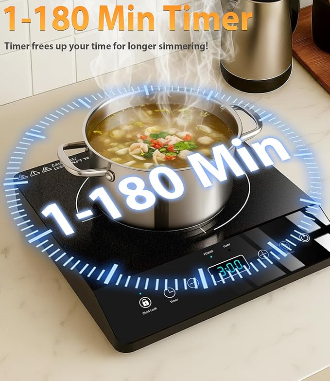 Single Burner Induction Cooktop, ETL-Certified 1800W Portable Induction Cooktop Large 8 inch Heating Coil, 12 Temp Settings up to 465℉ Electric Stove Hot Plate with 3 Hour Timer, Safety Lock