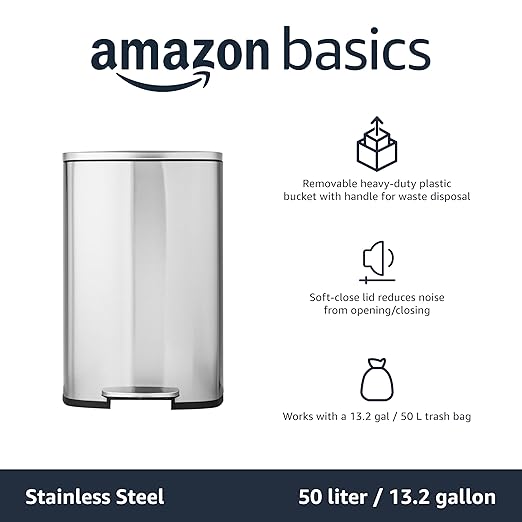Amazon Basics LARGE Trash Can, 13.2 Gallon, Smudge Resistant Rectangular Bin - Image 5