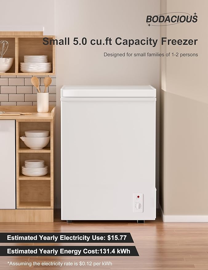 Bodacious Ultra Quiet Deep Freezer - 5.0 Cu Ft Compact Chest Freezer with Fast Freeze Performance, Low Power Consumption, Ideal for Homes, Apartments, Garages, Dorms, Small Shops