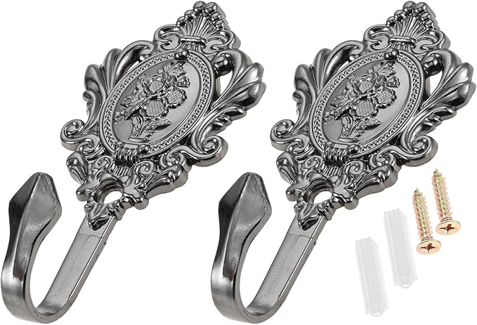 Curtain Holdbacks Small Lightweight Hooks, Vintage Black Rose Pattern | 2 Pack - Image 2