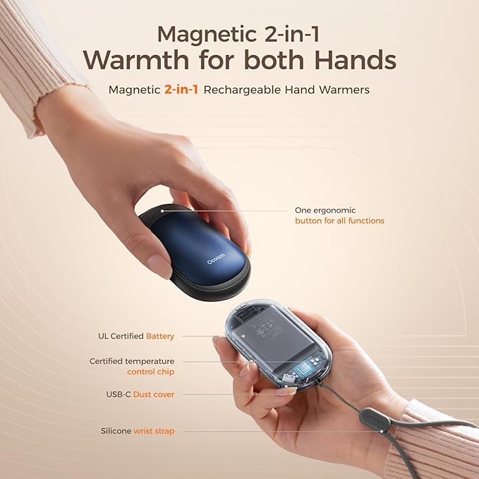 OCOOPA Magnetic Hand Warmers Rechargeable 2 Pack, UL Safety Heat 100-126°F, 3-Settings, Pocket-Sized, Max. 8 Hrs Long Lasting,Great for Raynauds, Golf, Hunting, Camping, Gifts for Men Women, UT3 Lite
