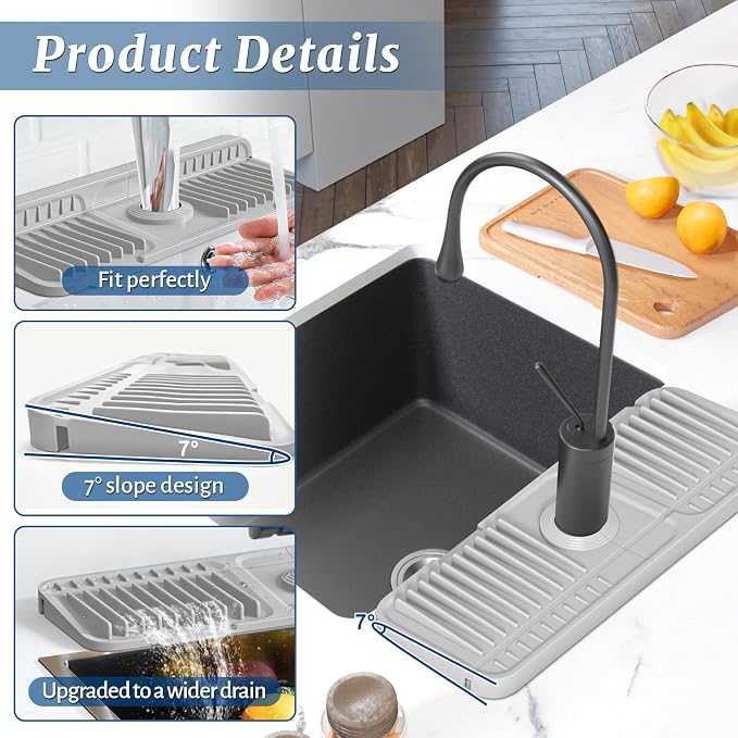 PoYang 14.6 Inch Faucet Mat for Kitchen Sink Splash Guard, Light Grey | Sink - Image 8