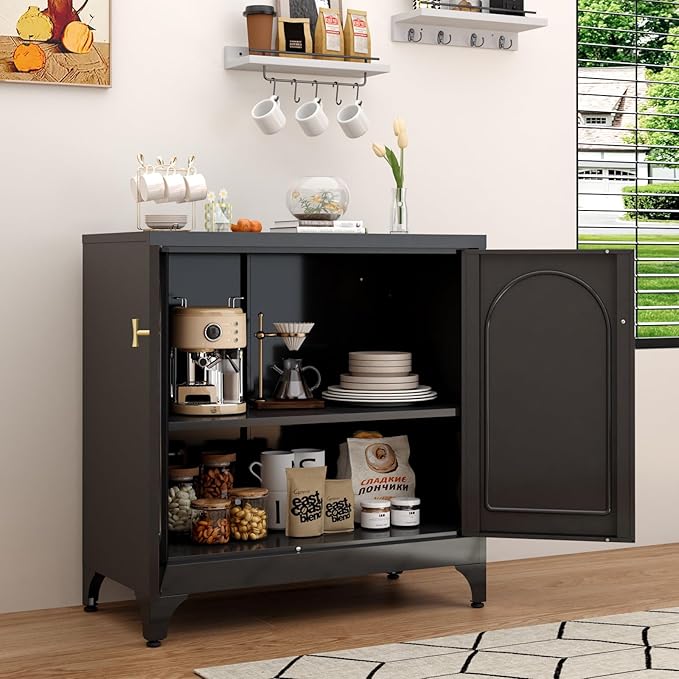 Metal Sideboard Buffet Cabinet with Storage,33 Inch Coffee Bar Cabinets with Adjustable Shelf, Black Kitchen Pantry Cabinet for Dining Room, Living Room