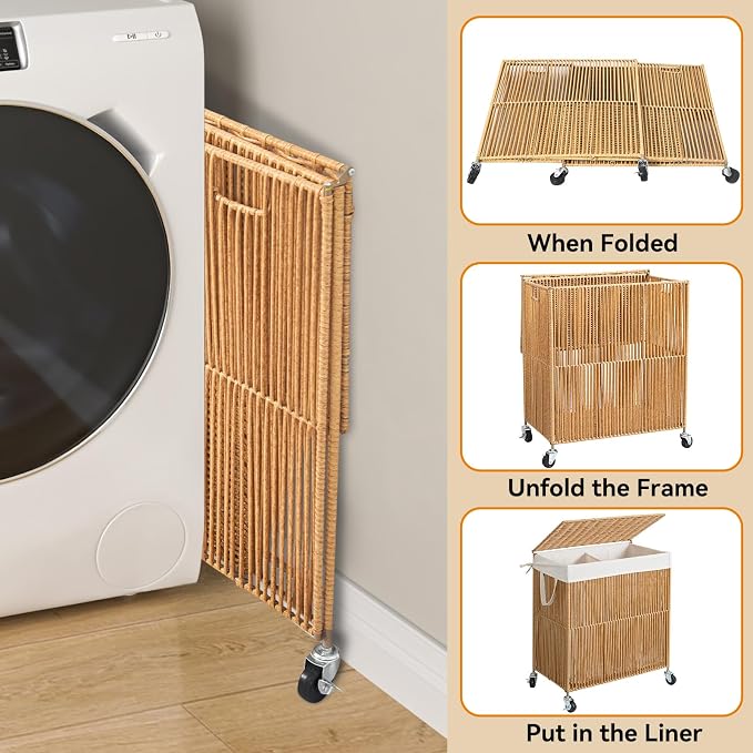 WOWLIVE Rolling Laundry Basket Wheels, Handwoven Laundry Hamper - Image 7