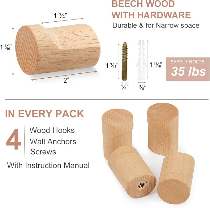 Wood Wall Hooks for Hanging, 4 Pack Rustic Coat Hooks Wall Mount, Handmade - Image 7