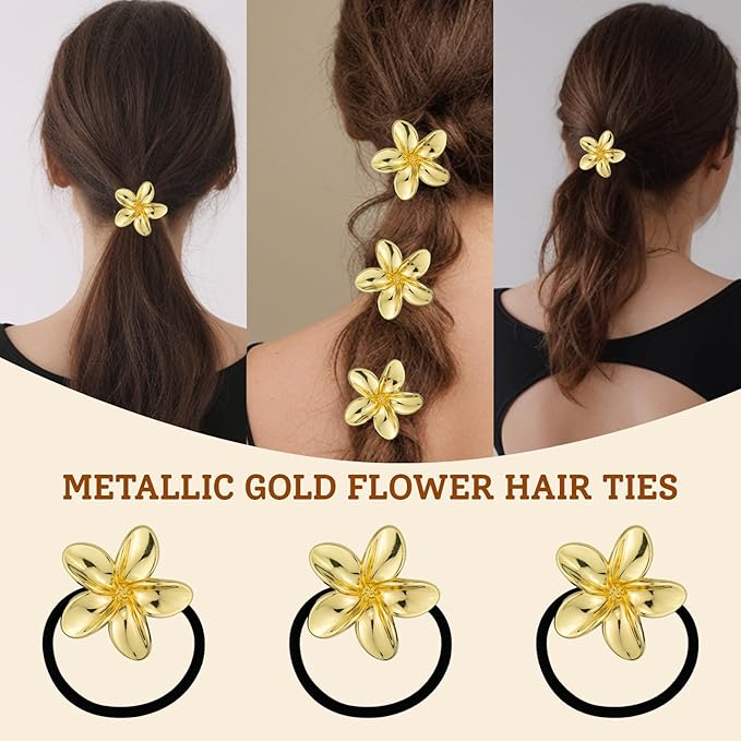 6PCS Gold Floral Hair Ties - Hair Charms Gold Ponytail Holders, Decorative Metal Hair Cuffs for Women