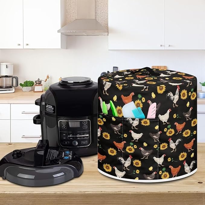 Insulated Pressure Cooker Appliance Cover, Also Fit for Rice Cooker, Air Fryer and Crock Pot, 8 Qt Dust Cover with Pocket for Spoon/Cooking Utensils/Recipes, Chicken Sunflower Black