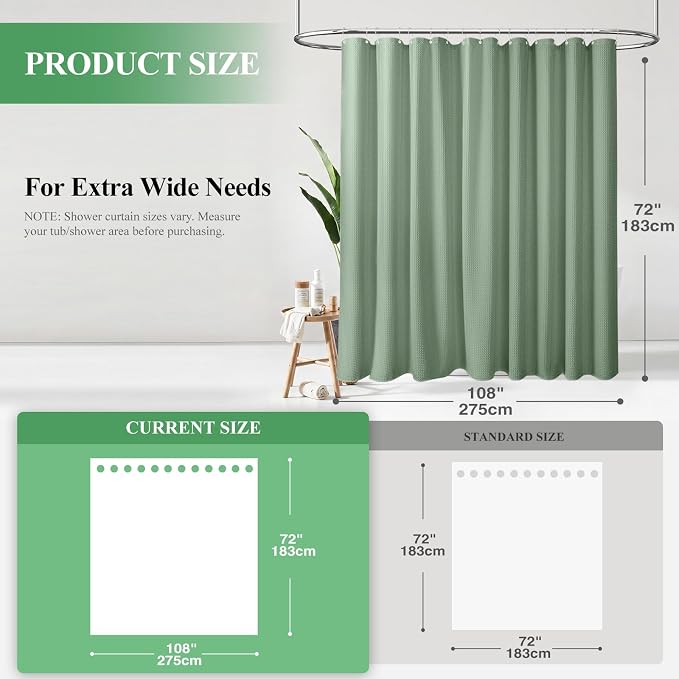 Dynamene Extra Wide Waffle Shower Curtain 256 GSM Fabric 108x72 Sage Green - Image 2