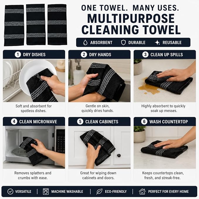 Serafina Home Black Kitchen Hand Dish Towels: Oversized 18" x 28", 100% Cotton - Image 6