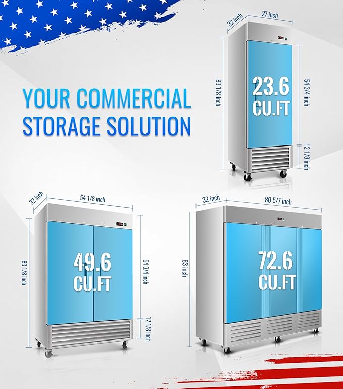 54" W Commercial Refrigerator, 49.6 Cu.ft Reach-In Double Door Stainless Steel commercial fridge, 6 Shelves, Fan Cooling, Auto Defrost, Digital Thermostat - Ideal for Restaurant, Bar, Cafe, Shop
