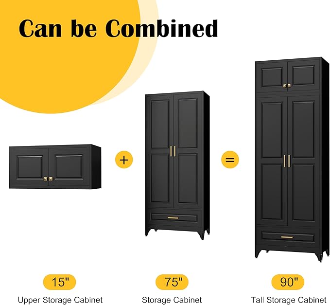 90" Kitchen Pantry Cabinet with Drawer, Metal Storage Cabinets with Doors and 4 Adjustable Shelves,Black Kitchen Cabinet with 2 Gold Handles,Food Cupboard for Livingroom,Pantry